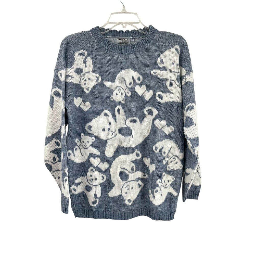 Vintage Private Eyes Sweater Womens M/L? Blue White Teddy Bears USA Made - Picture 13 of 15